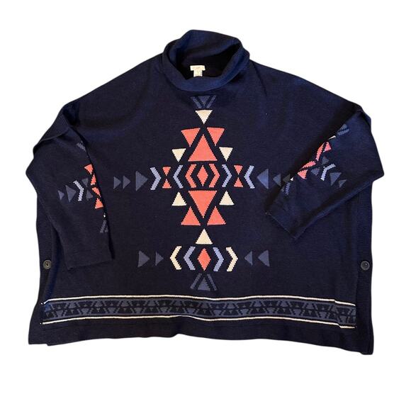 J.Jill Aztec Knit Poncho Southwestern Aztec Sweater Navy Blue Size XL Petite - Picture 2 of 7
